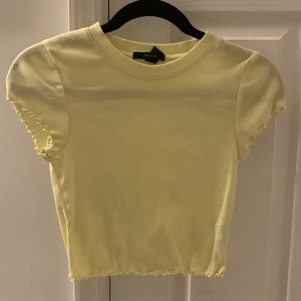 Pale yellow ruffle scoop neck crop top